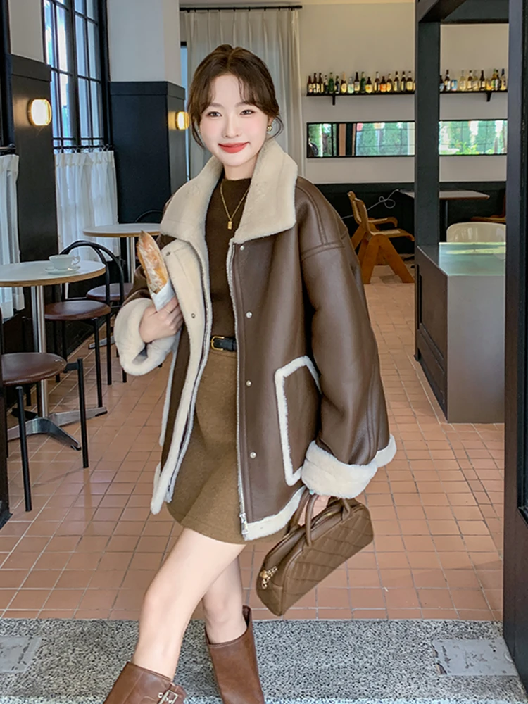 Зима 2024 утолщенная флисовая куртка из меха ягненка женская мотоциклетная