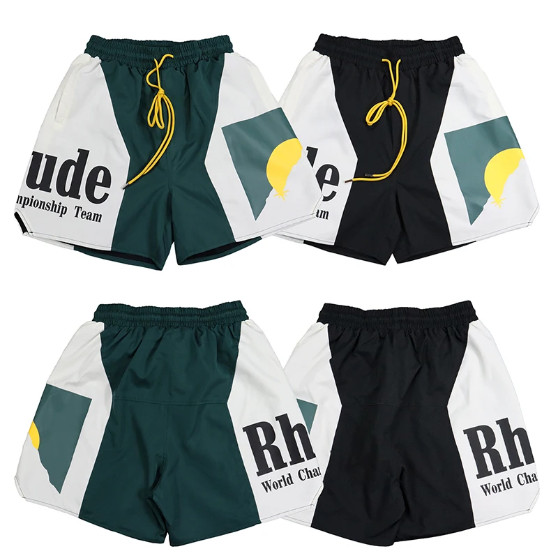 

Rhude Panel Logo Short Sunset Letters Print Colorblock Sports Shorts High Street Men Women Yellow Drawstring Jogger