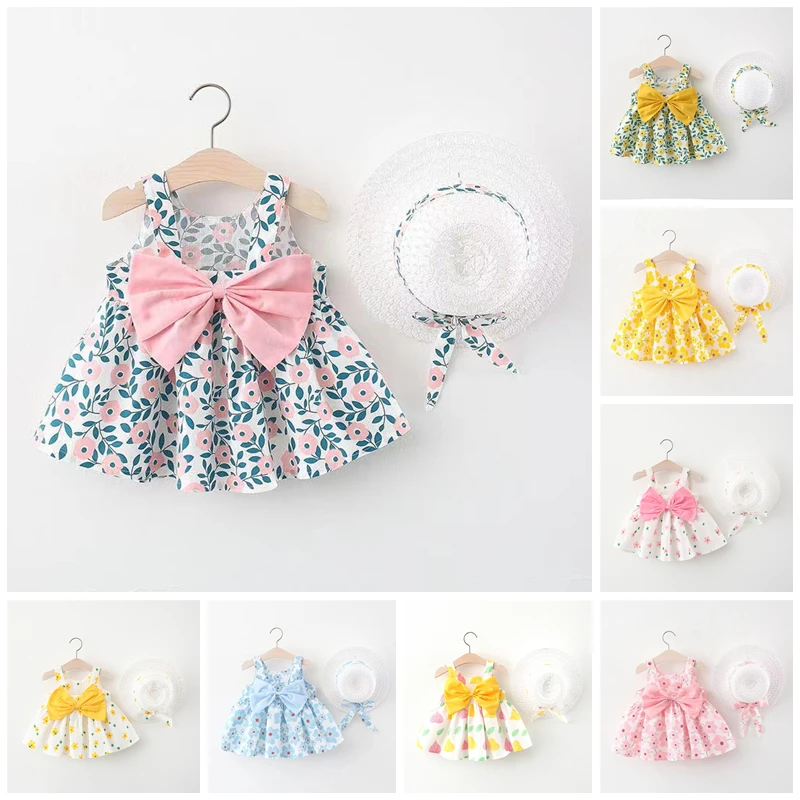

2pcs Summer Baby Girls Beach Princess Dress Cute Bow Flowers Sleeveless Cotton Toddler Dresses+Sunhat Newborn Clothing Set DS29