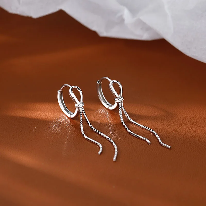 LByzHan Minimalist Genuine 925 Sterling Silver Fashion Box Chain Tassel Hoops Earrings For Women Wedding Jewelry Gift