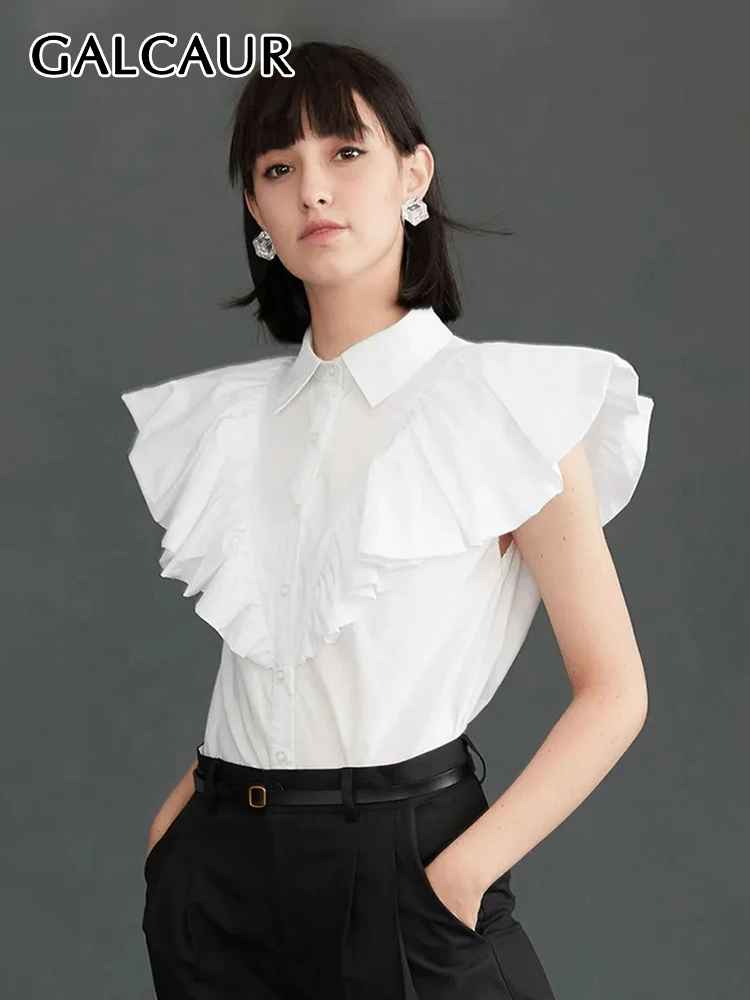 

GALCAUR Spliced Ruffles Solid Shirts For Women Lapel Flying Sleeve Single Breasted Folds Temperament Loose Blouse Female Summer