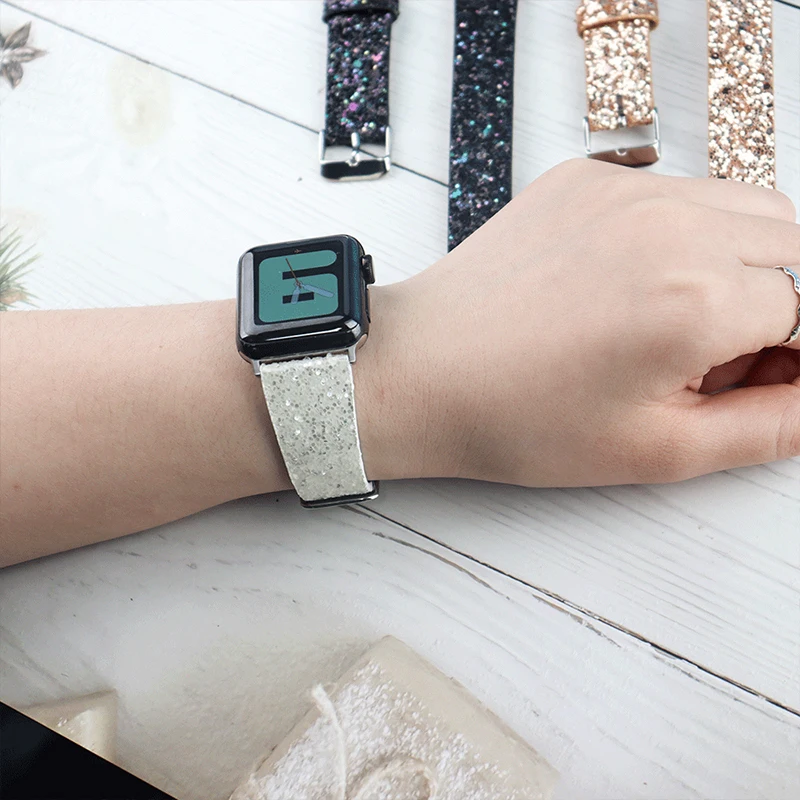 2021 Leather Band for Apple Watch 38mm 40mm Women Bling Diamond 42mm 44mm Genuine Shiny Glitter Strap IWatch Series 6 5 4 3 2 1