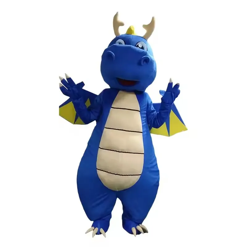 Зеленый синий красный костюм талисмана динозавра трава дракон ходьба анимация