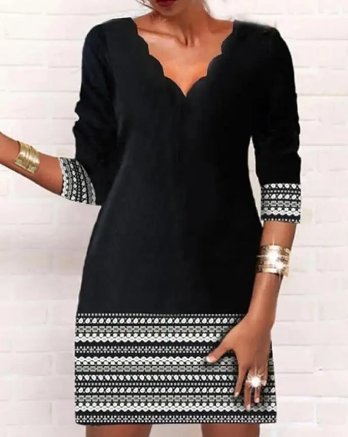 

winter and spring Geometric Print Long Sleeve Casual Dress cheap casual women's dresses