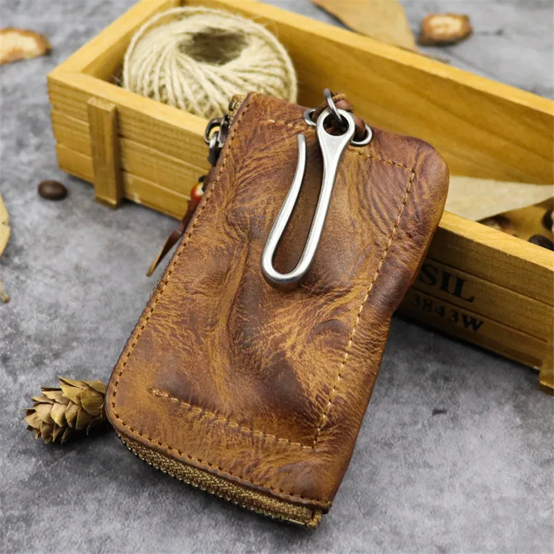 PNDME vintage genuine leather men's women's key bag fashion casual high quality natural first layer cowhide car key coin purse