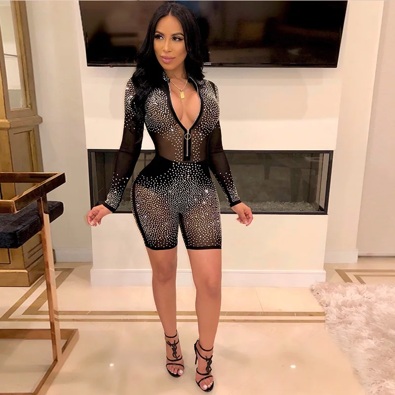 

Sylph Sexy Women Jumpsuit Mesh Glitter Rhinestones Playsuit Transparent Zipper Jumpsuits-shorts Long Sleeve Night Club Romper