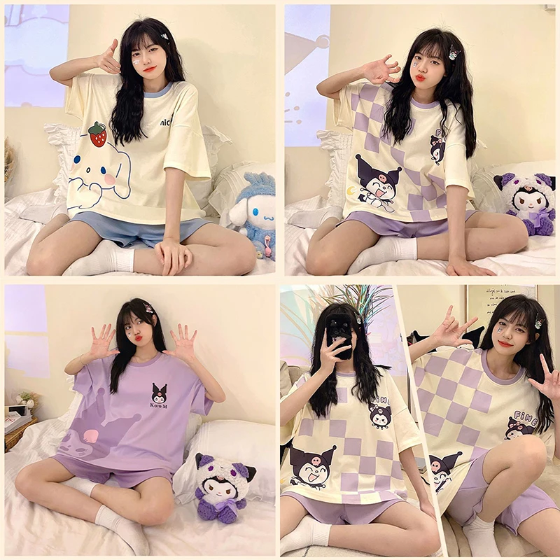 

Kawaii Sanrios Cinnamoroll Kuromi Pajama Set Cartoon Anime Summer Thin Short Sleeve Shorts Nightgown Homewear Clothes Girl Gifts