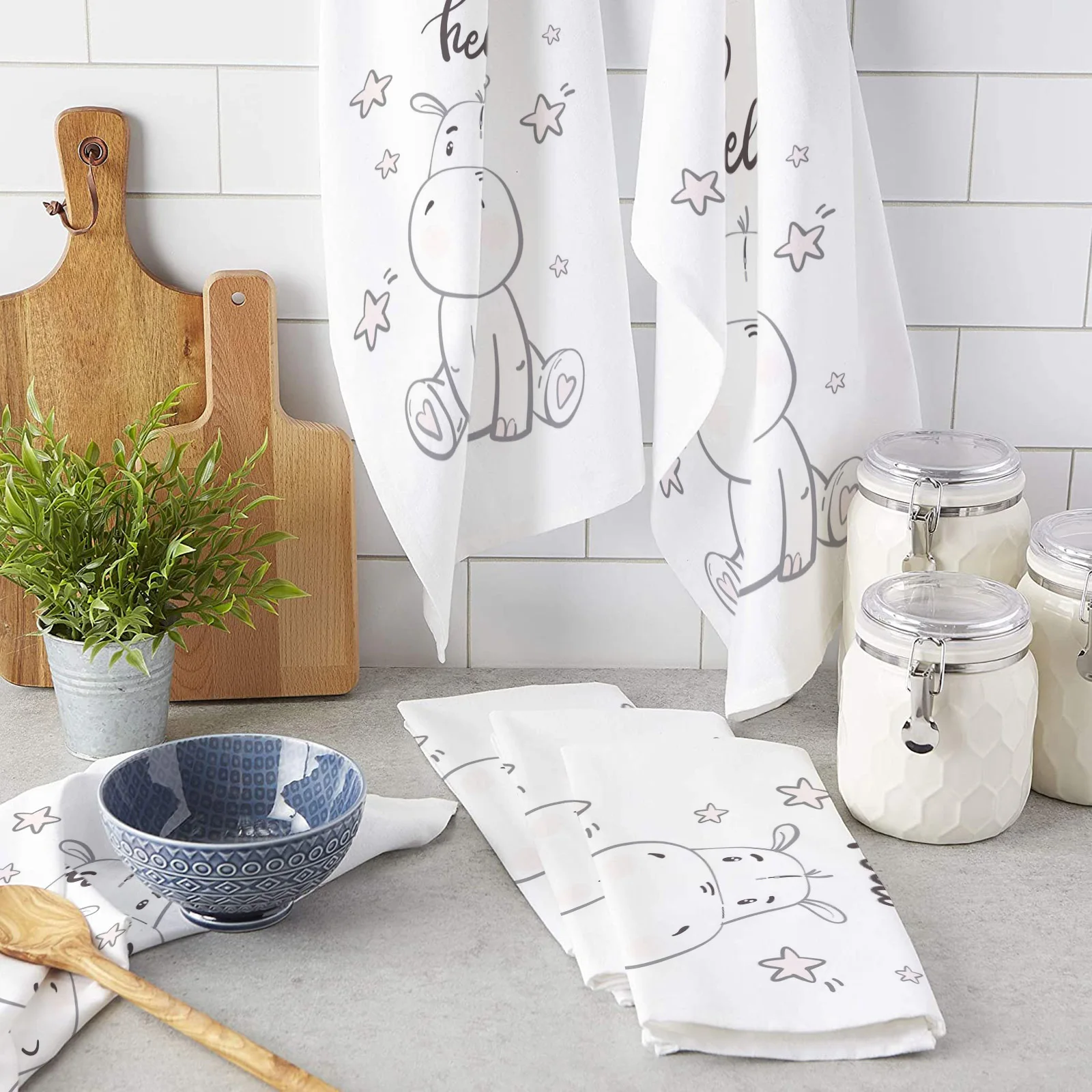 

Kawaii Stars Hippo Baby Cute Animal White Printed Tea Hand Towel Kitchen Dishcloth Water Absorption Household Cleaning Cloth
