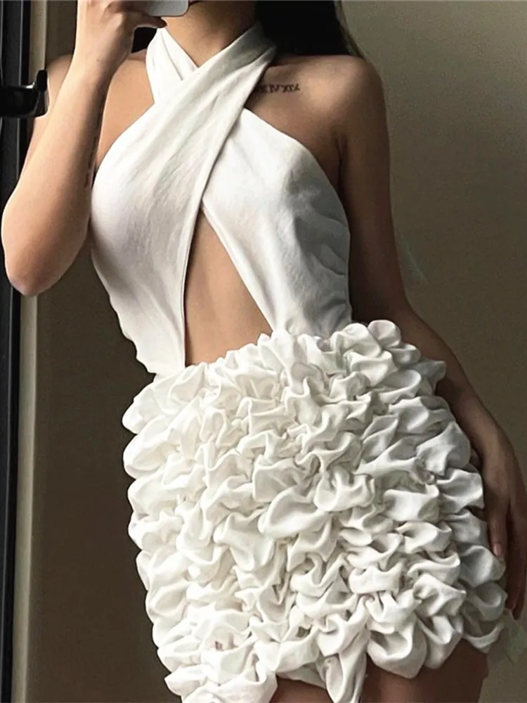 

WJFZQM 2022 летнее модное женское платье с перекрестной горловиной и лямкой на шее, однотонное ажурное облегающее платье с открытой спиной и скл...