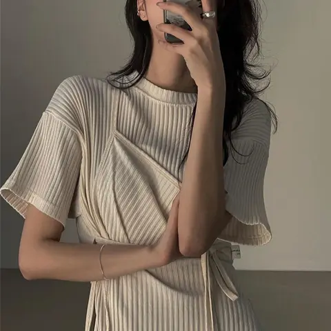 Женское платье-футболка с разрезом, повседневное асимметричное Бандажное платье-футболка с разрезом сбоку, модель Y2k в Корейском стиле на лето, 2024