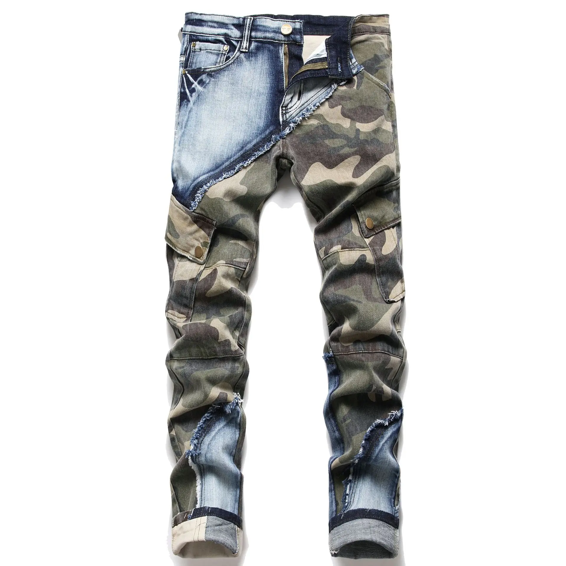 

2022 Summer Spring Men Ripped Camouflage Patchwork Street Jeans Regular Biker Outdoor Jeans Trendy Holes Straight Denim Trouers