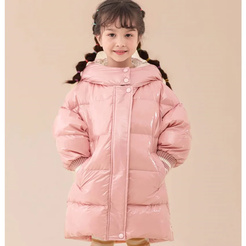 

Новинка зимы 2022, детское водонепроницаемое глянцевое плотное теплое пальто с капюшоном, 90% пуховик на белом утином пуху для детей и девочек, Рождество A1771