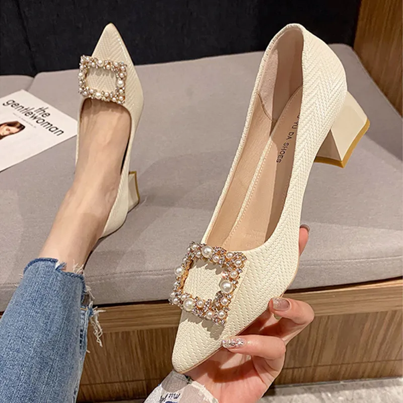 

Women Pumps 4cm heel Pointed-toe Womans Office High Heels Black Fashion Chunky Heel Woman Low Heels Female Daily Heeled Shoes