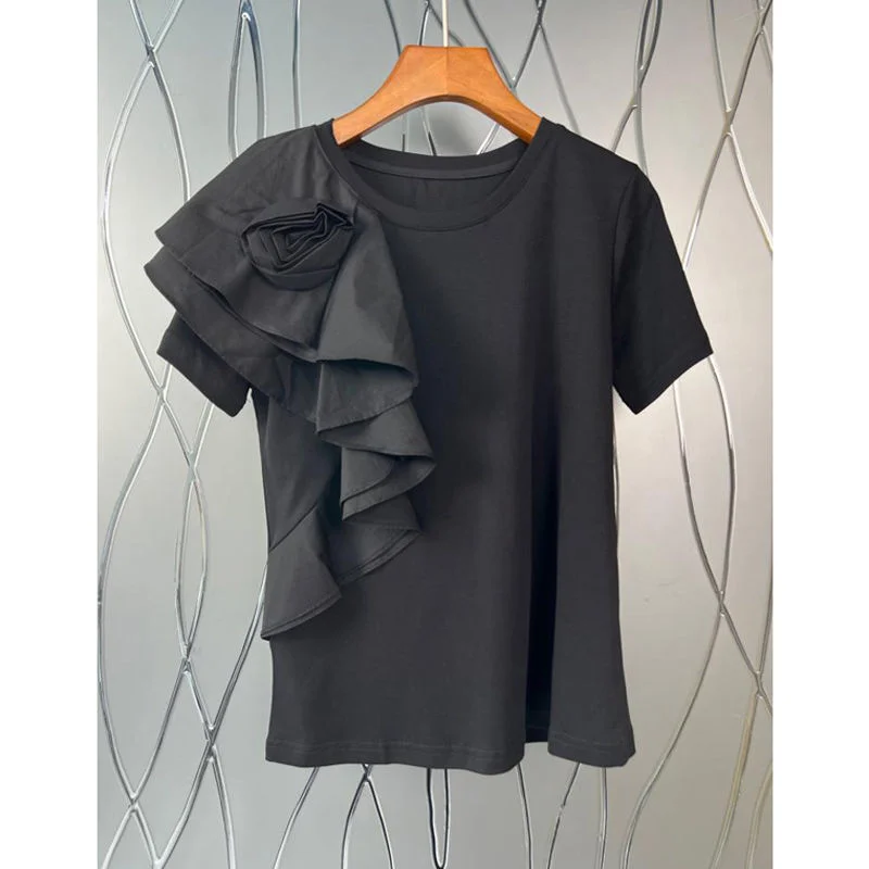 

Chic Korean Design Sense Of Niche Three-dimensional Flower Ruffle Stitched Shirt Womanly Short Sleeved Top