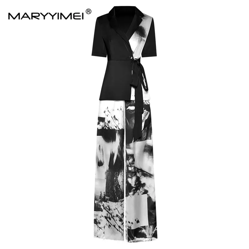 

Модный костюм MARYYIMEI, летний женский костюм с коротким рукавом на шнуровке, топ + широкие брюки, свободный костюм из двух предметов с принтом в стиле High Street