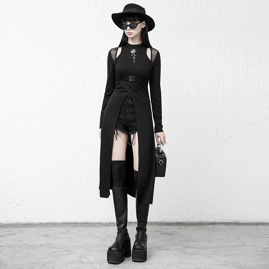 

PUNKRAVE Women's Punk Collect Waist High Fork Medium-length Dress Handsome Cool Fashion Daily Long Coat