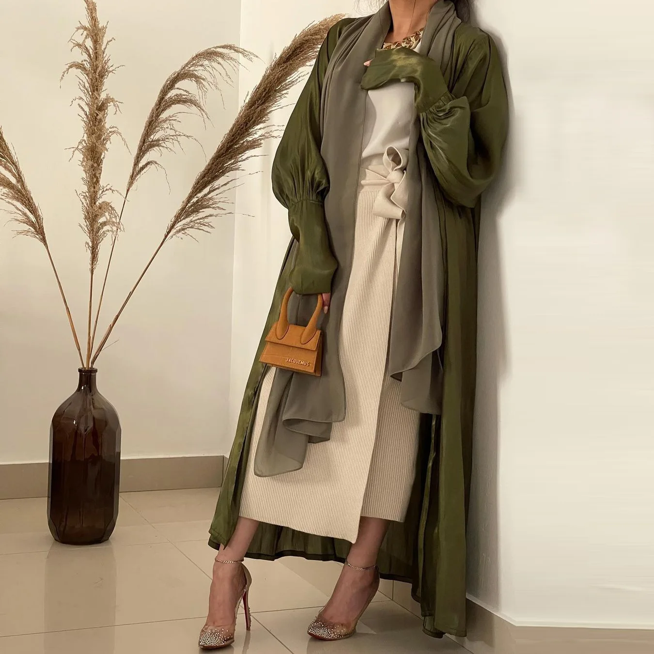 Open Abaya Kimono Muslim Hijab Dress Turkey Mushroom Sleeves Satin Abayas for Women Dubai Islam Outwear Kaftan Evening
