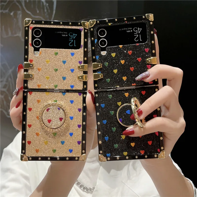 

Luxury Glitter Love Heart Square Ring Holder Case for Samsung Galaxy Z Flip 4 5G ZFlip3 Shockproof Soft Silicone Back Cover Capa