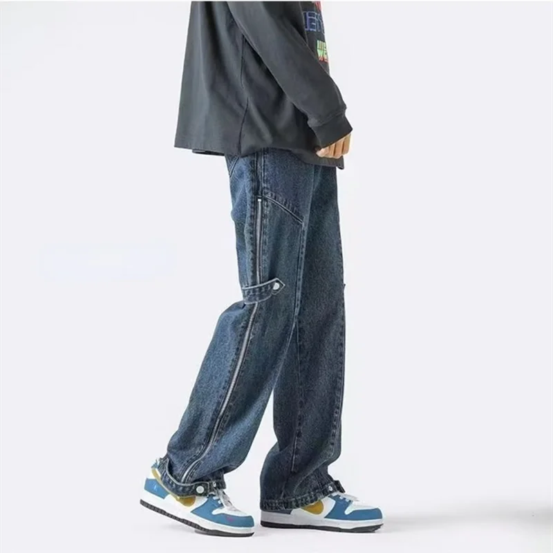 DEEPTOWN Zipper Straight Jeans Men Vintage Loose Denim Pants Streetwear Casual Trouers Male Hip Hop Fashion Spring Black Blue