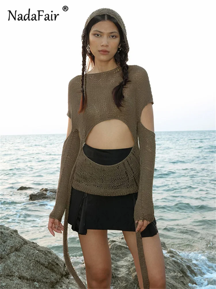

Nadafair Women Hooded Corchet Knitted Hollow Out Y2K T Shirts Loose Cut Out Long Sleeve Smocks Harajuku Pullovers Streetwear