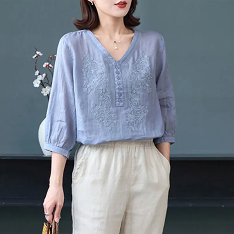

Summer Elegant Fashion New Blouse Women Button Prairie Chic V Neck Three Quarter Sleeve Solid Color Embroidery Loose Casual Top