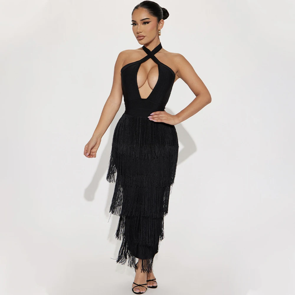 

Sexy Tassel Halter Party Dress Women Black Backless Hollow Out Bodycon For Women Elegant Dress Vestidos