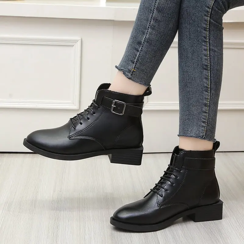 Botas Women Motorcycle Ankle Boots Wedges Female Lace Up Platforms Winter Black Leather Oxford Shoes Woman 2022 Botas Mujer