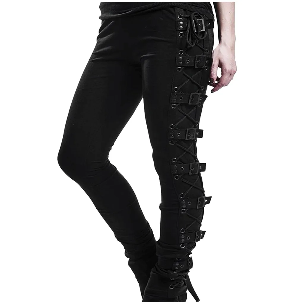 

Punk Gothic Black Pants for Women Y2k Streetwear Rivet Lace Up Slim Pants High Waist Leggings Full Length Trousers Sweatpants