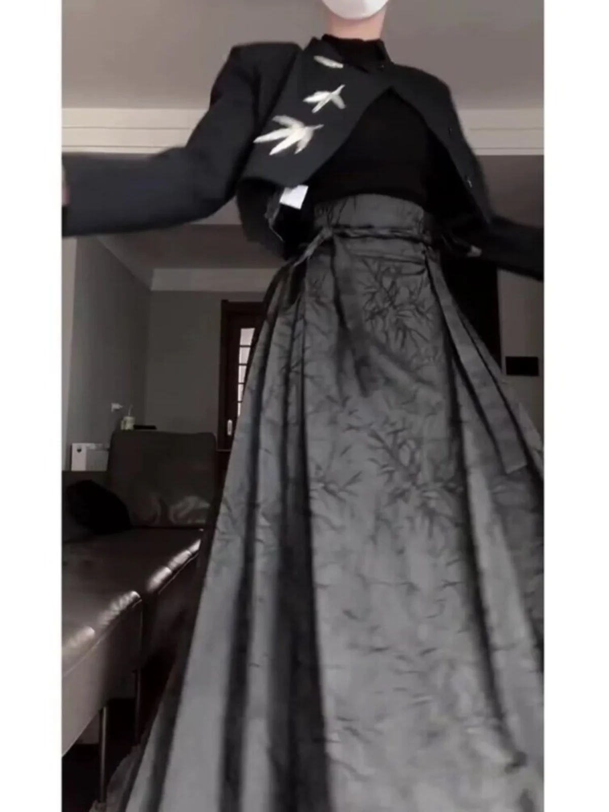 Женская юбка с принтом черной лошади длинная Плиссированная на шнуровке Hanfu 2024