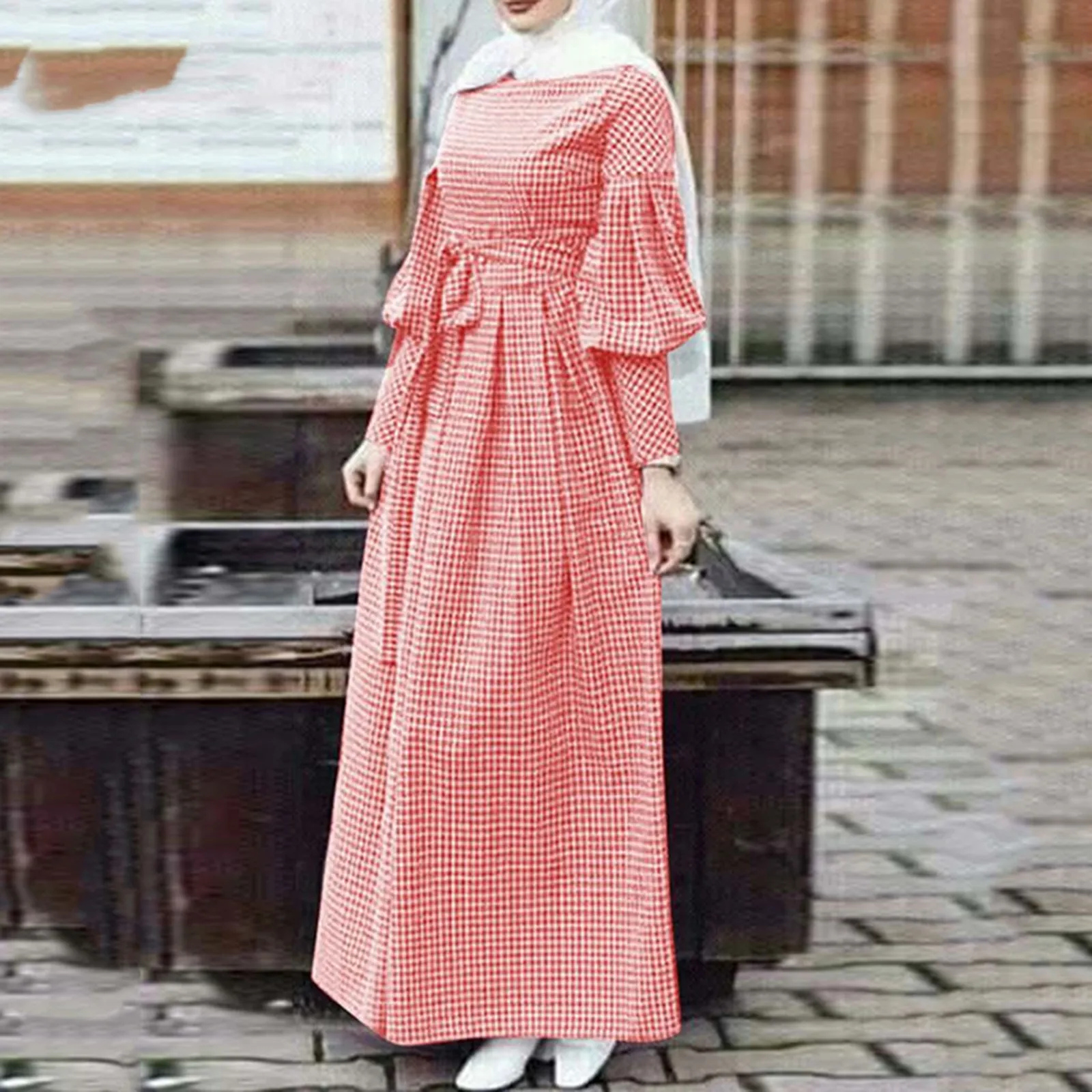 

Vintage Plaid Checked Dubai Turkey Abaya Hijab Women'S Muslim Long Lantern Sleeve Dress Pullover Robe Prayer Clothes Holiday