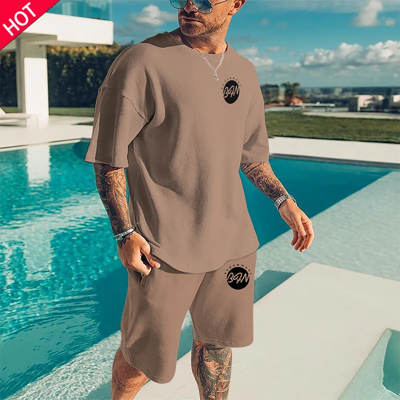 

Summer Solid Color 2 Piece Sets 3d Printed Men's Tracksuit Oversized T Shirts Clothes Retro Beach Style Men Suit Tshirt Shorts