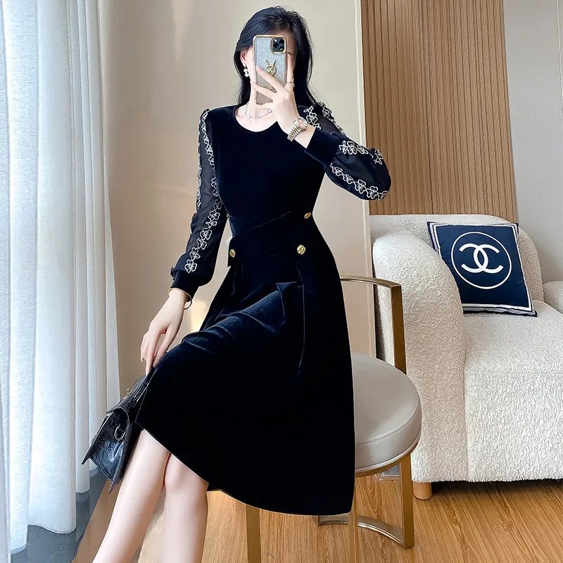 Новинка весны черное платье во французском стиле темпераментная юбка средней