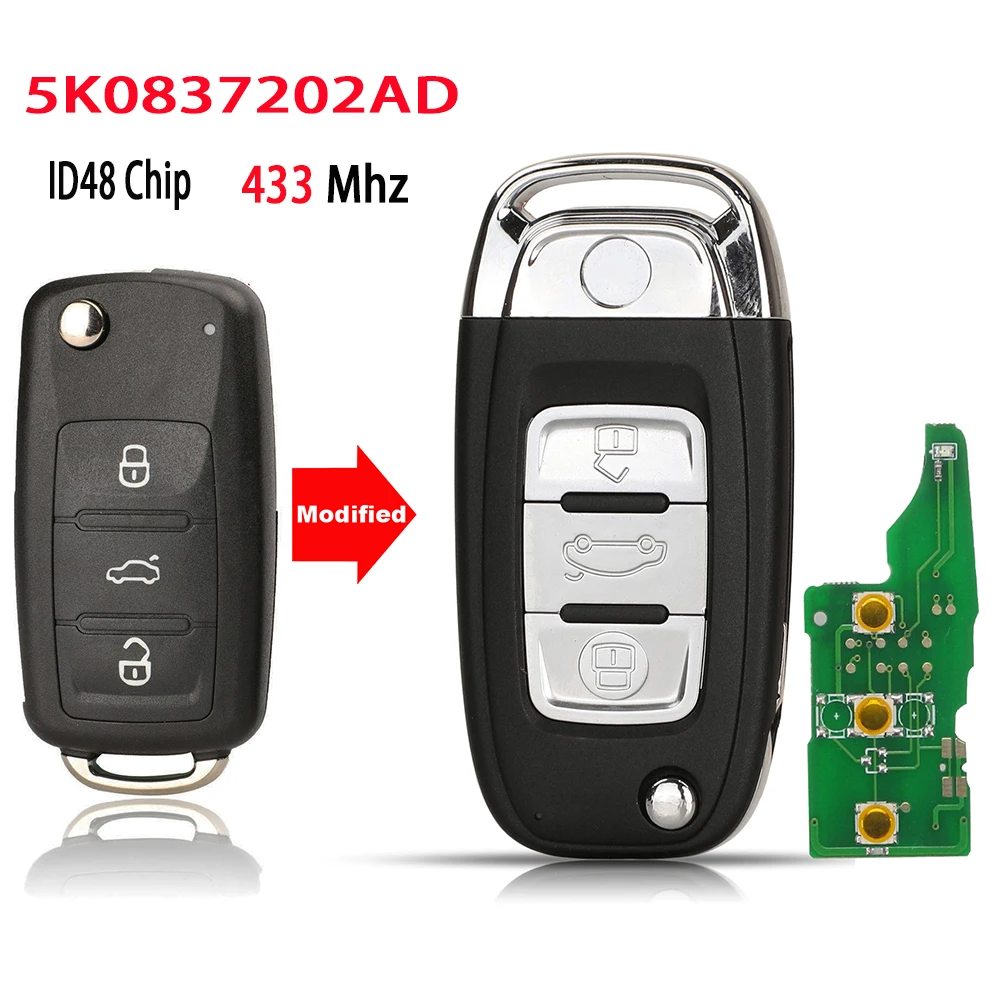 

Upgrade 3BTN Remote 434Mhz ID48 Chip Car Key For VW Tiguan Touran Caddy Beetle Jetta Eos Golf Polo Hella 5K0837202AD