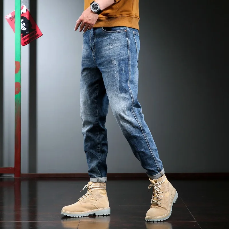 2022 Fashion Jeans Men Casual Pencil Pants Cotton Straight Jean Korean Style Streetwear Blue Denim Trousers