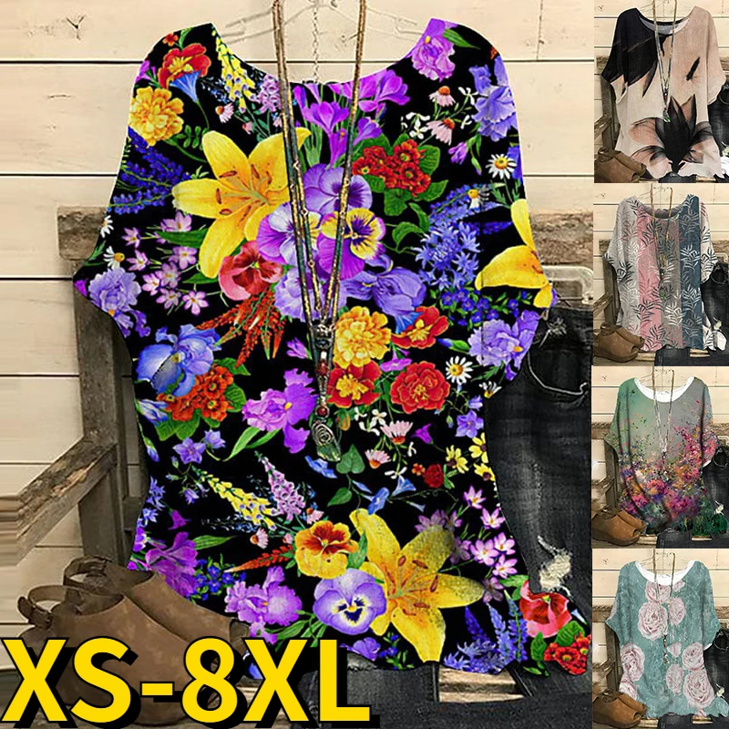 

Женская футболка с коротким рукавом, Свободный Повседневный пуловер с круглым вырезом и цветочным принтом, лето 2023