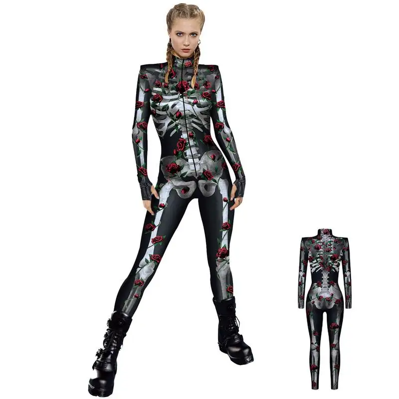 

Комбинезон-скелет, Женский костюм для взрослых, женский костюм со скелетом, женский наряд на Хэллоуин с круглым вырезом и спиной