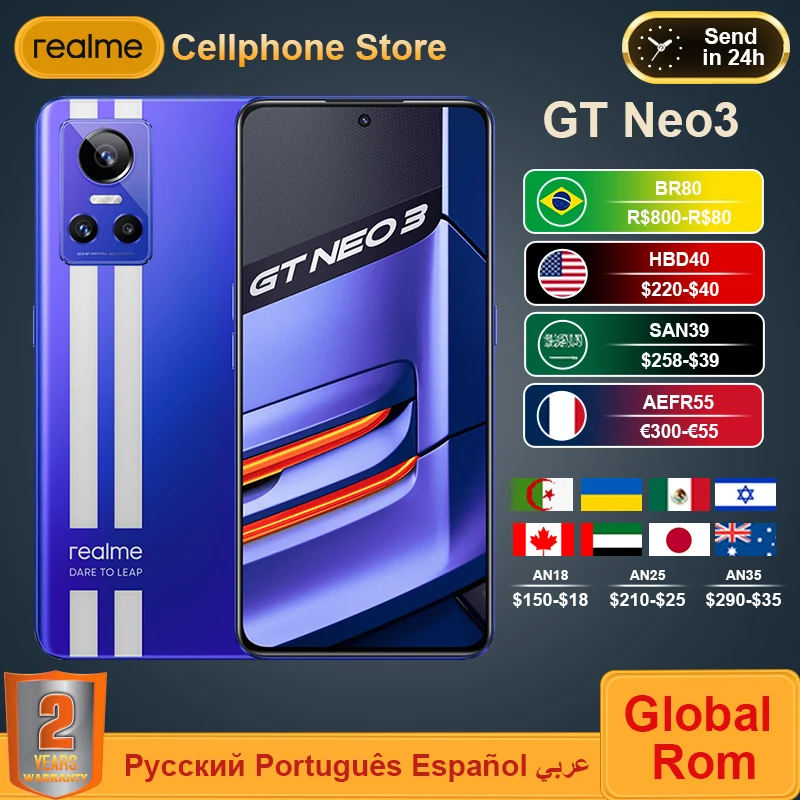 Global ROM realme GT NEO3 NEO 3 5G Smartphone 80/150W Charge Dimensity 8100 120HZ AMOLED Screen 4500mAh NFC  Mobile Phone