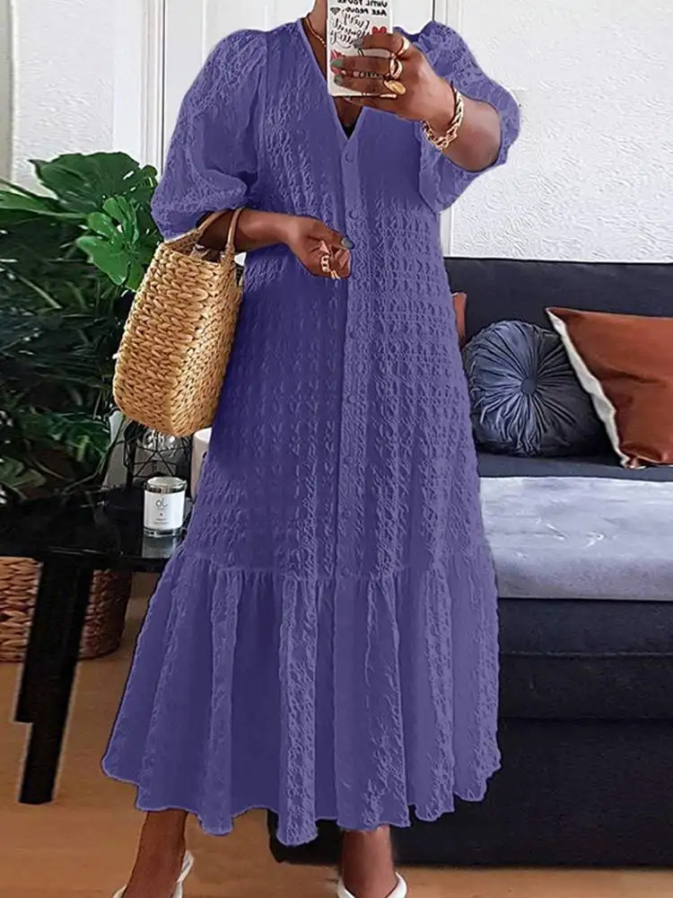 

2023 VONDA Summer Elegant Women Maxi Dress Casual Loose Solid Color Robe Femme Sexy V Neck Bohemian Puff Sleeve Party Sundress