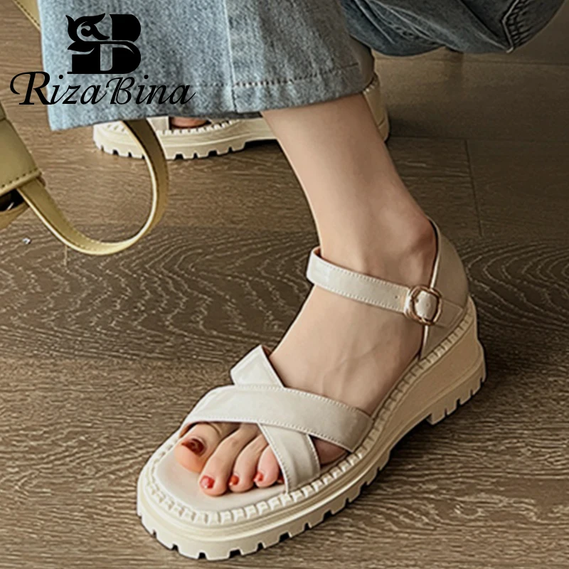 

RIZABINA Size 34-42 Women Sandals New Arrivals Real Leather Buckle Chunky Summer Woman Shoes Daily Vacation Ladies Footwear