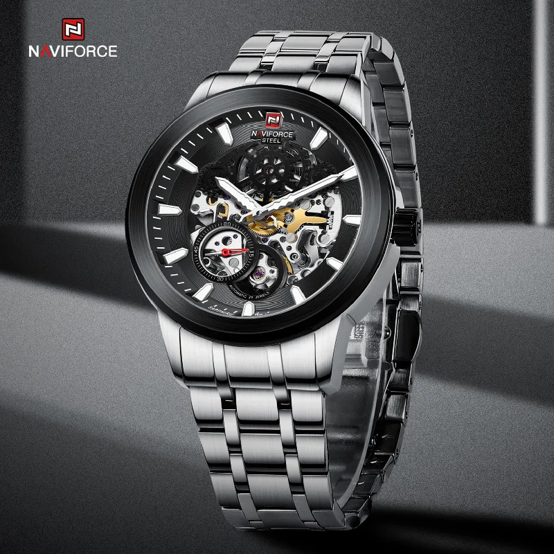

Мужские водонепроницаемые противоударные механические часы NAVIFORCE в стиле милитари с автоматической пряжкой-бабочкой и датой для дайвинга со стальным ремешком