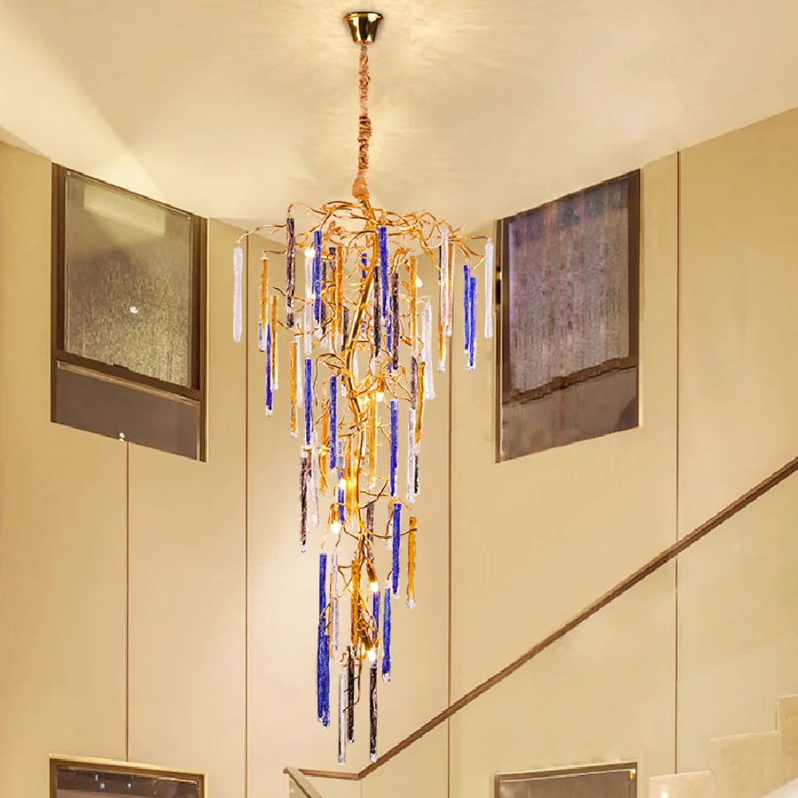 

Luxury Color Crystal Stair Ceiling Chandelier for Duplex Villa Loft Staircase Hotel Decor Aluminum Crystal Chandeliers Lighting