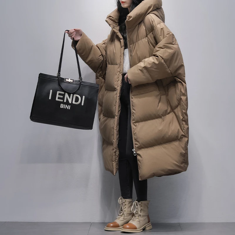 

2023 Winter Women Clothes Fashion White Duck Down Hooded Coats Female Solid Color Loose Jackets Ladies Casual Warm Overcoats J56