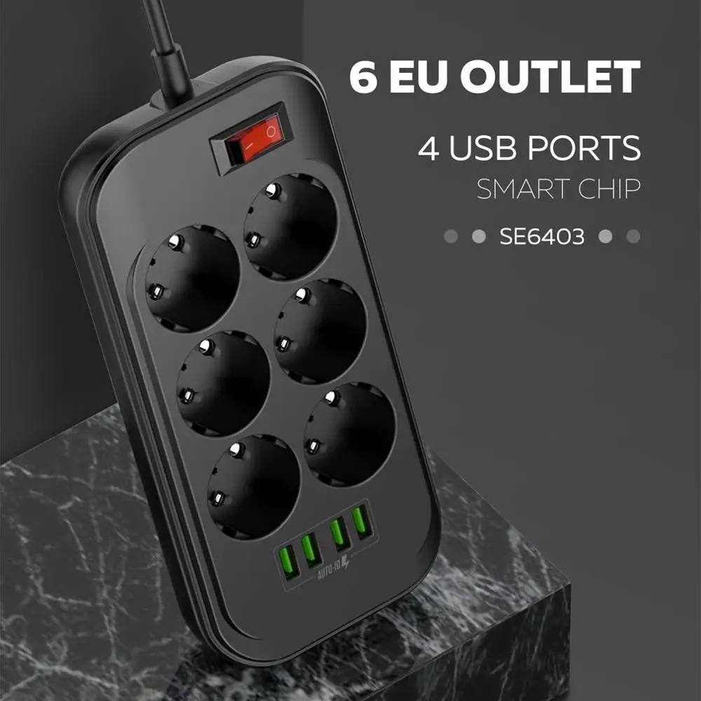 

Сетевое зарядное устройство с 4 USB-портами, 6 розеток