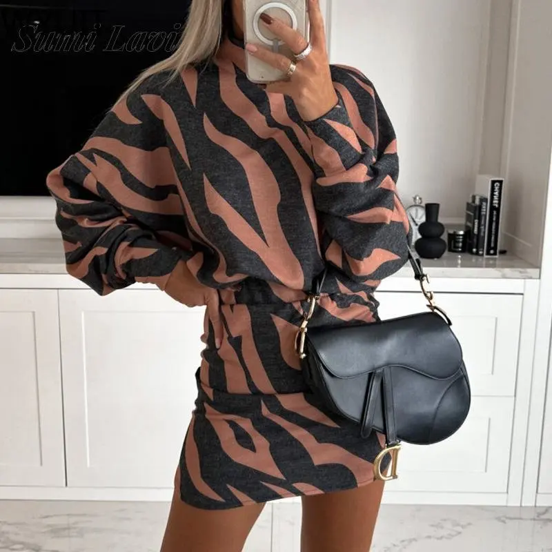 

Повседневное платье на шнуровке с длинным рукавом, Осеннее женское платье с запахом на талии и принтом зебры, модные мини-платья с высоким в...