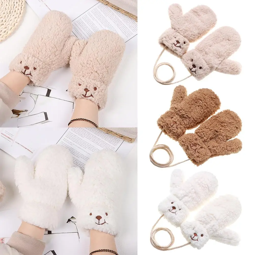

Cute Windproof Outdoor Thickened Furry Mittens Gloves Warm Gloves Hanging Neck Mittens Cartoon Bear Gloves