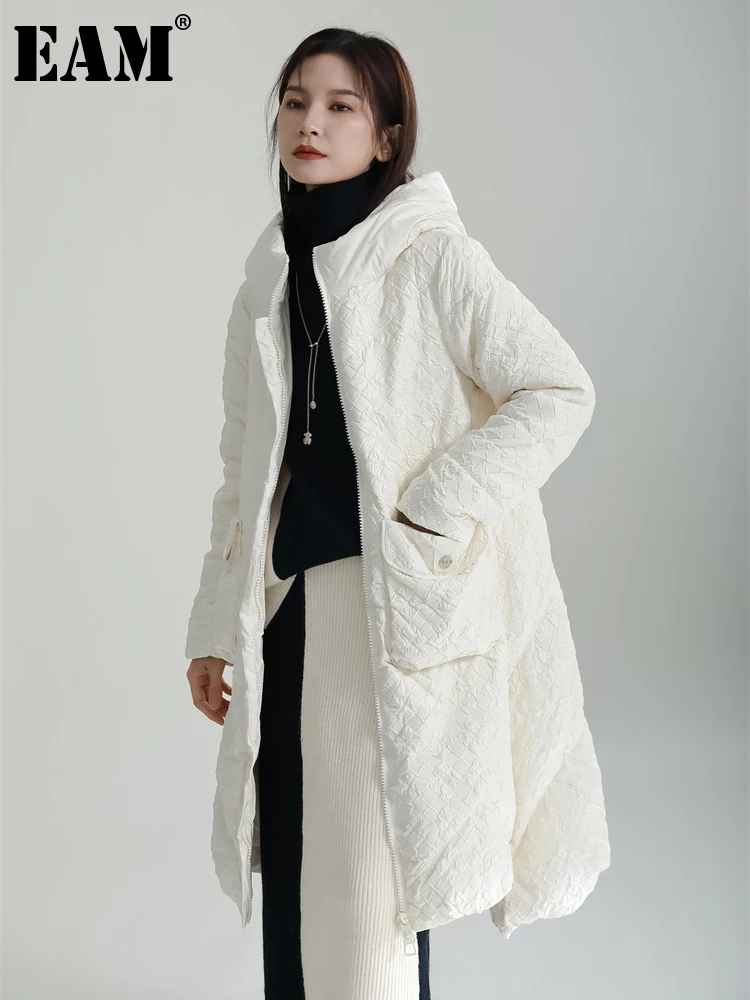 

[EAM] Loose Fit White Thick Warm Long Down Jacket New Hooded Long Sleeve Warm Women Parkas Fashion Autumn Winter 2023 1DF2631
