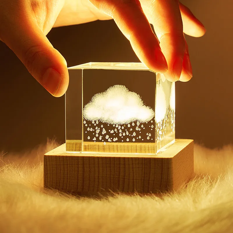 

3D Engraved Crystal Cube Ornament 6cm Creative Crafts Grass Model Night Light Christmas New Year Kids Gift Desktop Home Decor