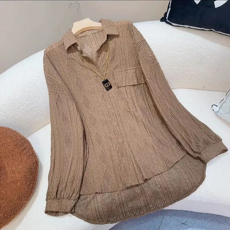 

Loose Stylish Turn-down Collar Blouse Office Lady Elegant Solid Color Jacquard Weave Spring Autumn Casual Single-breasted Shirt