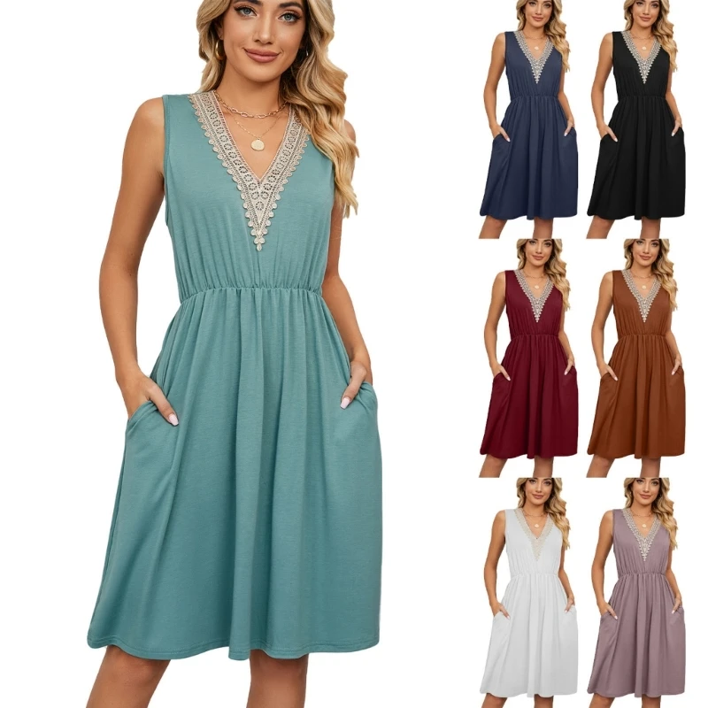 

Women Lace V-Neck Elastic Waist Sleeveless A-Line Flowy Midi Dress with Pockets