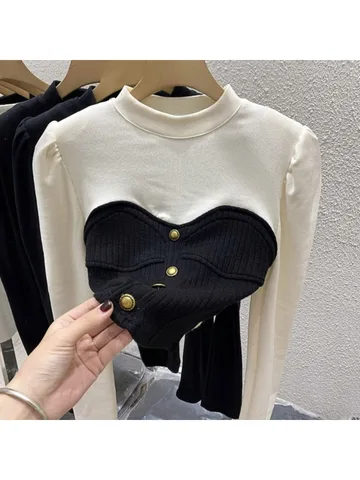 Neploe полосатая Лоскутная тонкая нижняя слойная рубашка Топ Маленькие Ароматические вставки Искусственные две штуки Harajuku Mujer новая модель